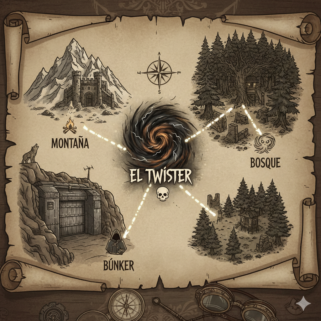 Mapa de rutas hacia montaña, bosque y búnker